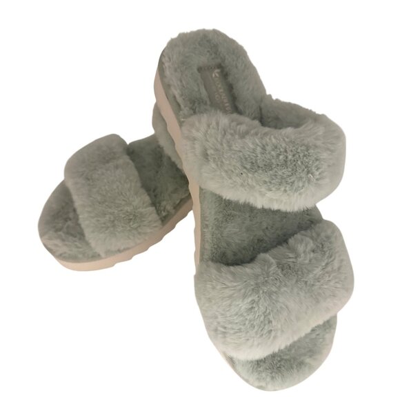 UGG Koolaburra Plush 9 Sage Green Double-Strap Faux Fur Slides New W/O Box Cozy - Picture 1 of 10